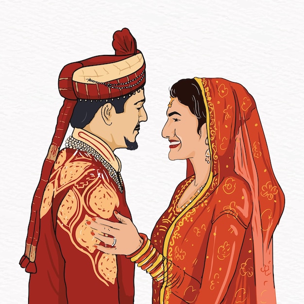伝統的なドレスを着たカップルと赤いスーツを着た男性の漫画。