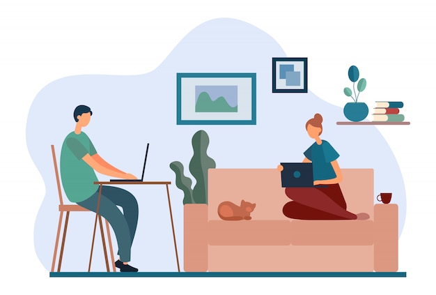 Vector cartoon couple working with laptops at home