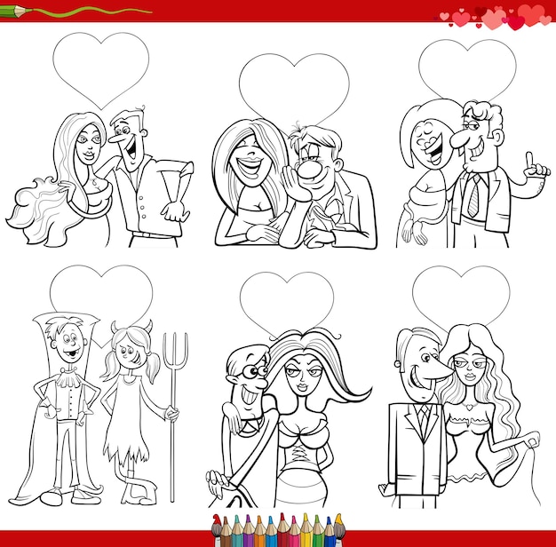 Cartoon couples in love on Valentine Day coloring book page