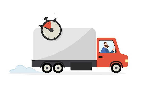 Cartoon courier travels by truck on time Prices of delivering parcels to different locations during pandemic Regional parcel carriers job Vector illustration
