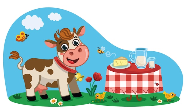 Cartoon cow character and dairy products vector illustration