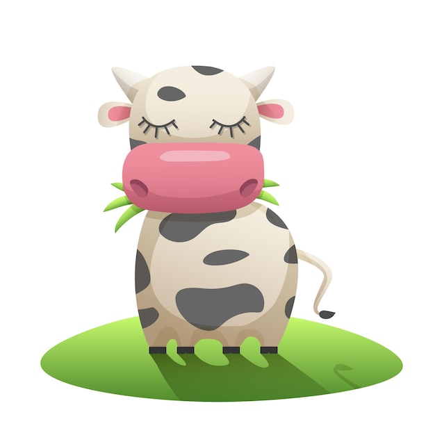 Cartoon cow chewing grass in the meadow Vector clipart