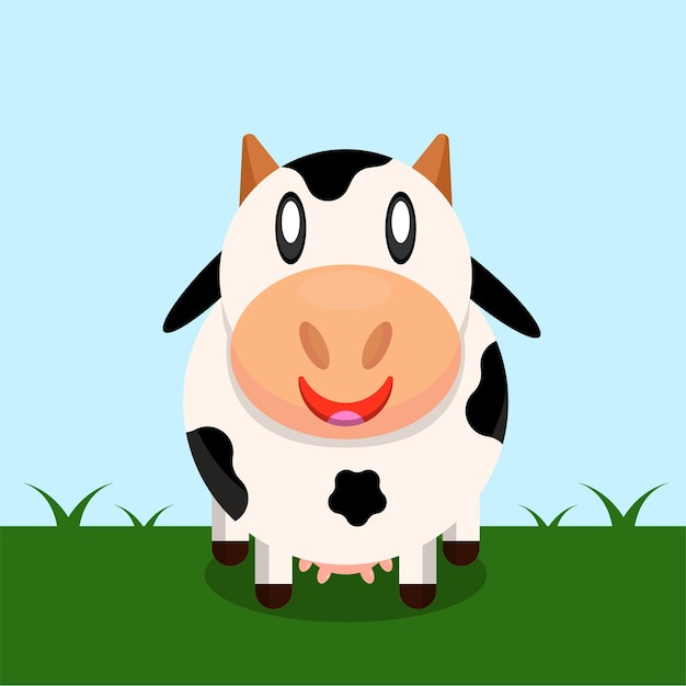 cartoon cow on the grass with flat blue sky