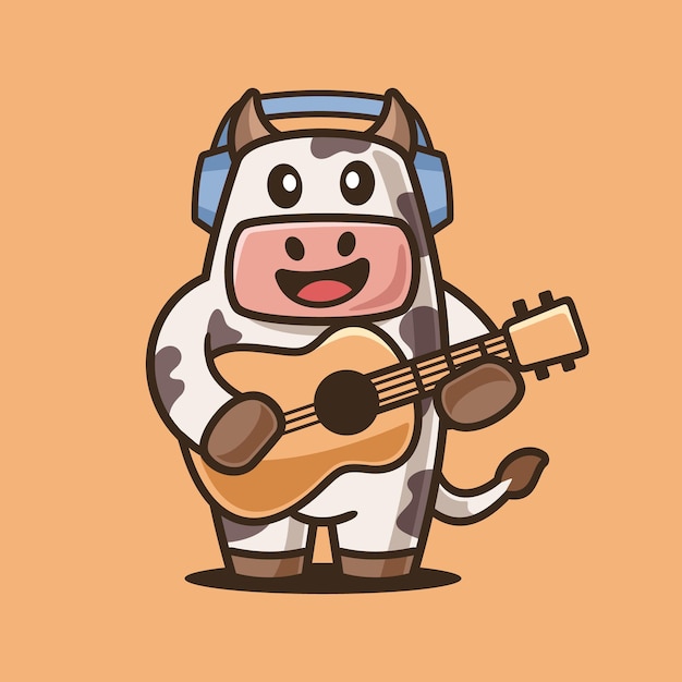 Cartoon Cow playing Acoustic Guitar