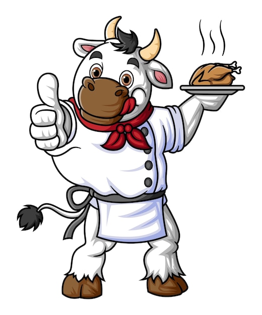Una mucca cartone animato sorridente indossando un abito da chef e in posa con un pollice in alto