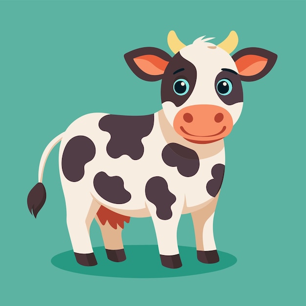 Cartoon Cow Standing on Green Background A charming illustration of a dairy cow with a gentle expression and a heartwarming presence Simple and minimalist flat Vector Illustration