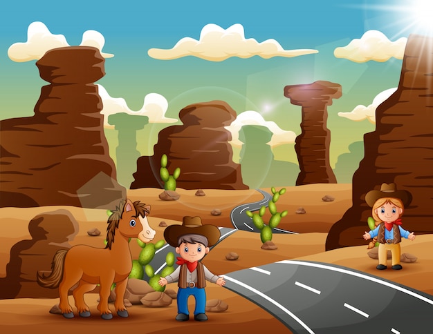 Мультяшный ковбой и пастушка с животными на пустынной дороге