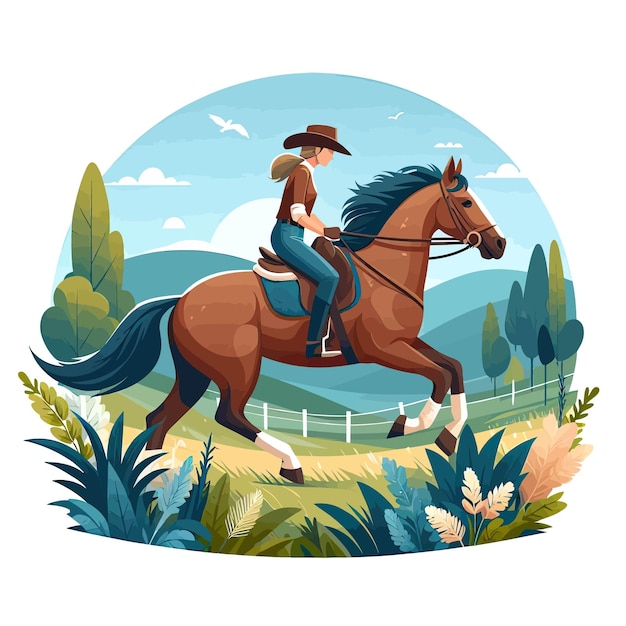 Vector a cartoon of a cowboy on a horse with a woman riding it