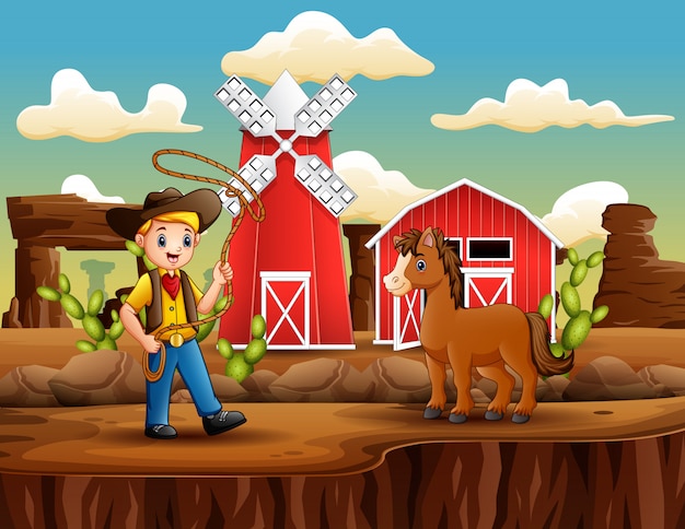 Cartoon cowboy with a horse and lasso