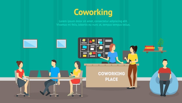 Cartoon coworking place card poster lavoro creativo camera e concetto di persone stile di design piatto illustrazione vettoriale dell'interno e dell'uomo sul posto di lavoro