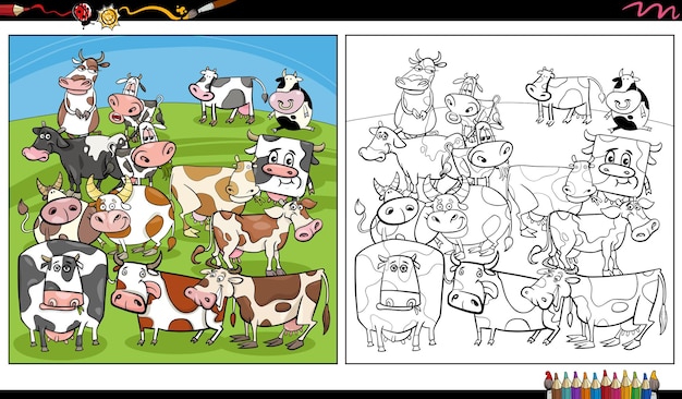 Cartoon cows farm animal characters group coloring page