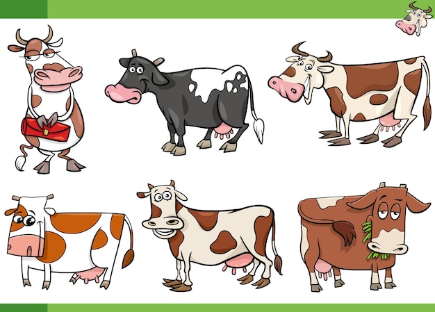 Cartoon cows farm animals comic characters set