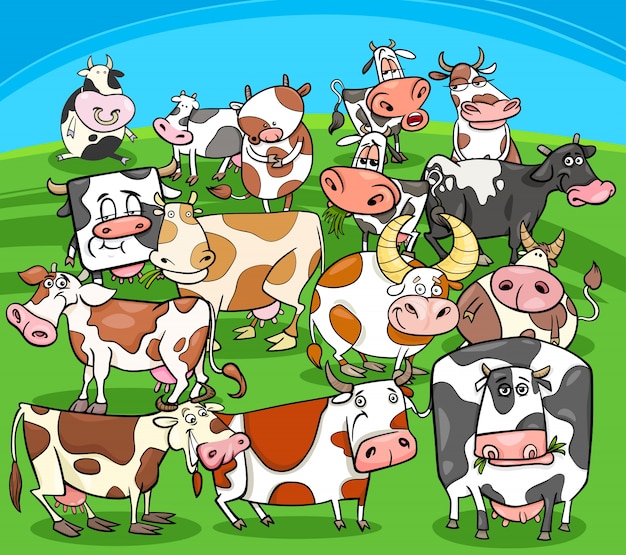 Vector cartoon cows farm animals group