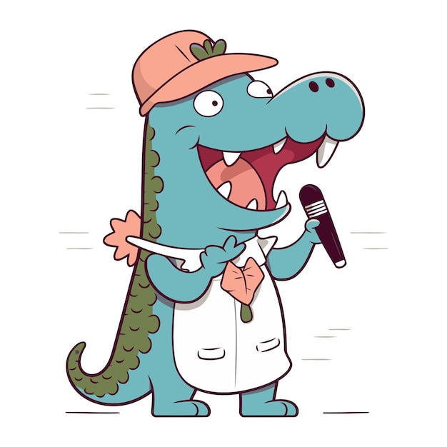 Vector cartoon crocodile singer with microphone vector illustration in flat style