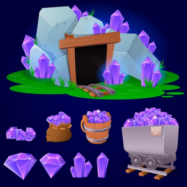 Vector cartoon crystal collection for game