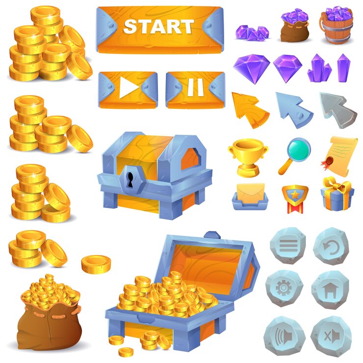 Cartoon crystal, money, game buttons, pointers, chest, interface ellement collection
