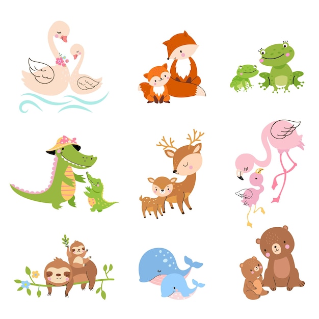 Cartoon cubs and mother animals Mother elephant koala wild cute baby Animal and pets funny family bird in love Mom bear and swan vector characters of koala and fox flamingo and bear illustration