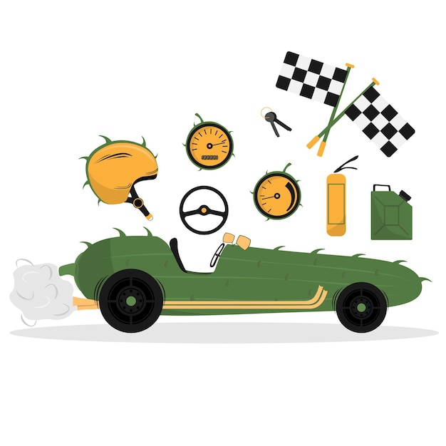 Cartoon cucumber car on wheels with racing car accessories Vector flat illustration