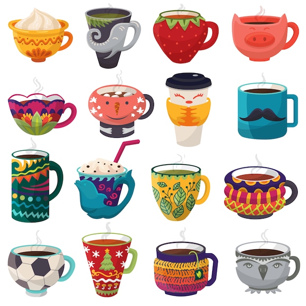 Cartoon cup   kids creative mugs coffee or tea cupful on breakfast various shapes of coffeecup illustration set