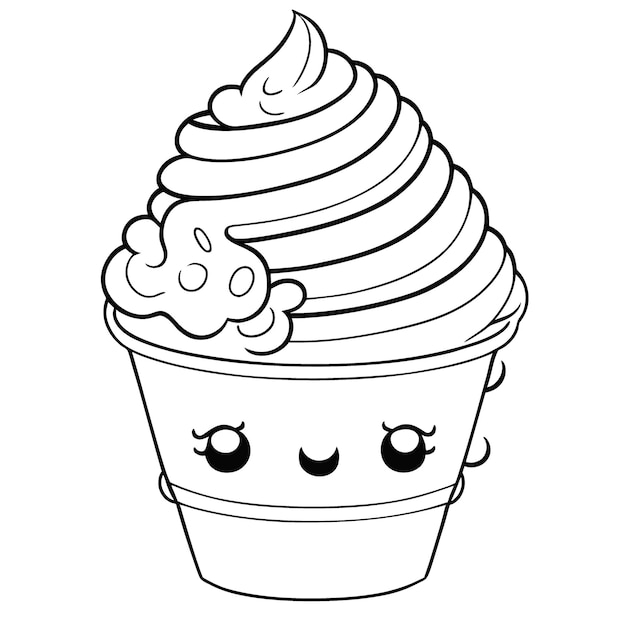 cartoon cupcake with beautiful scoops vector illustration line art