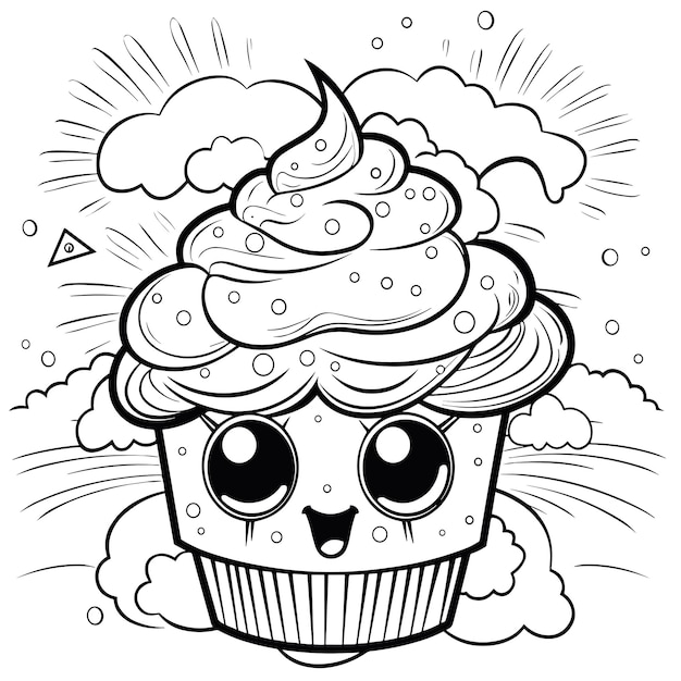 Un fumetto di un cupcake con una faccia fatta da una bambina.