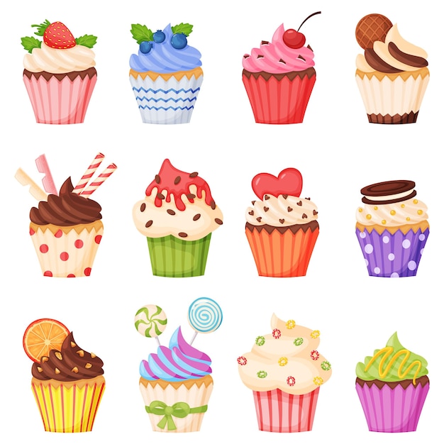 Vector cartoon cupcake with various topping delicious sweet dessert muffin with chocolate cream fruits