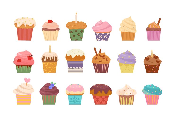 Cartoon cupcakes chocolate vanilla sugar cookies celebration attribuites sweet yummy delicious