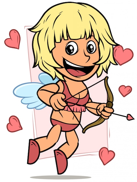 Cartoon cupid girl character with bow and heart