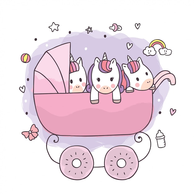 Cartoon cute adorable baby unicorns in stroller .