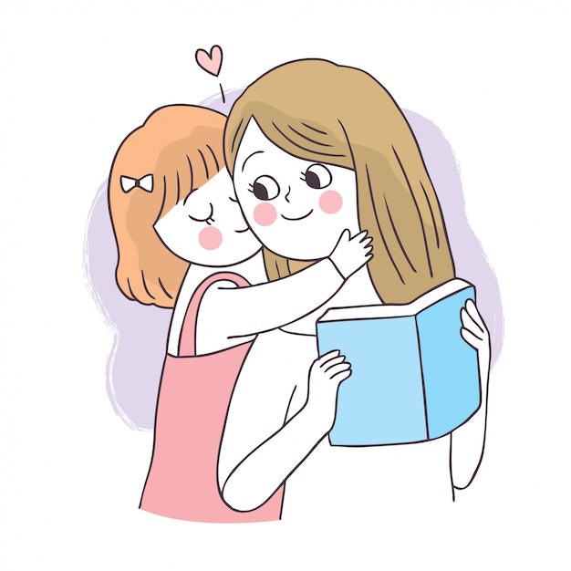 漫画かわいい愛らしい母親と女の子の本を読んで。