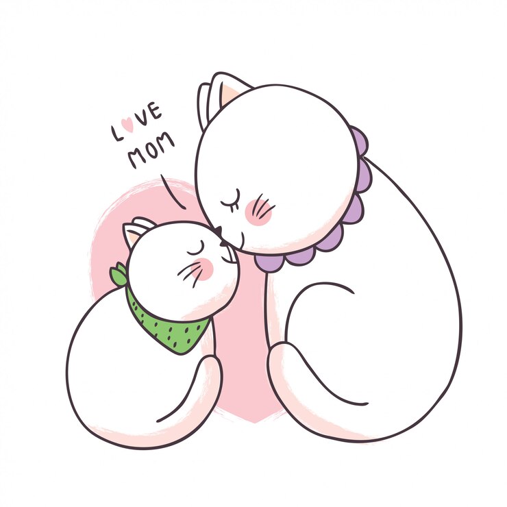 귀여운 귀여운 어머니와 아기 고양이 키스 만화.