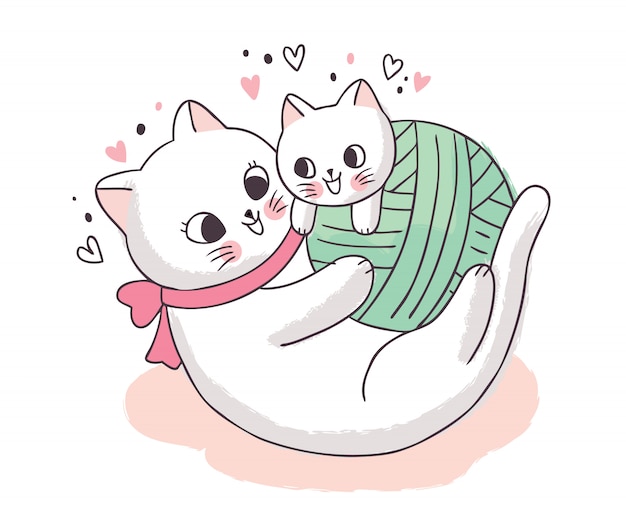 Cartoon cute adorable mother and baby cat playing