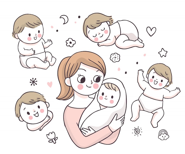 Doodle adorabile sveglio della madre e del bambino del fumetto.