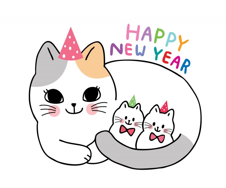 Vector 漫画かわいい愛らしい母猫と子猫のお祝い新年ベクトル。