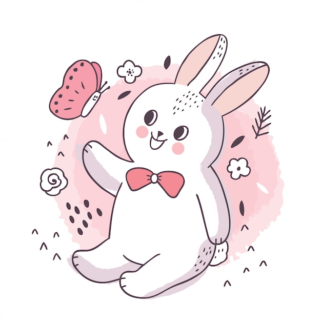 Cartoon cute adorable white rabbit and  butterfly  .