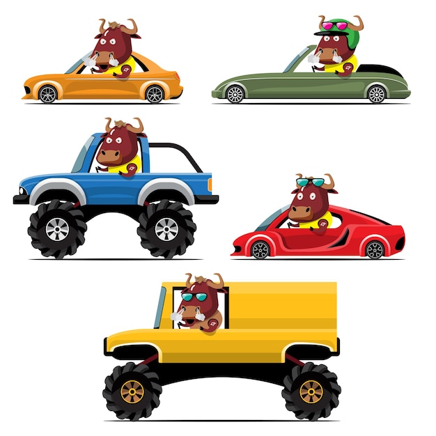 Cartoon cute animal drive car on the road