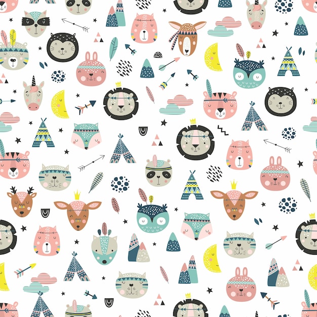 Cartoon cute animal tribal faces. boho cute animals pattern.