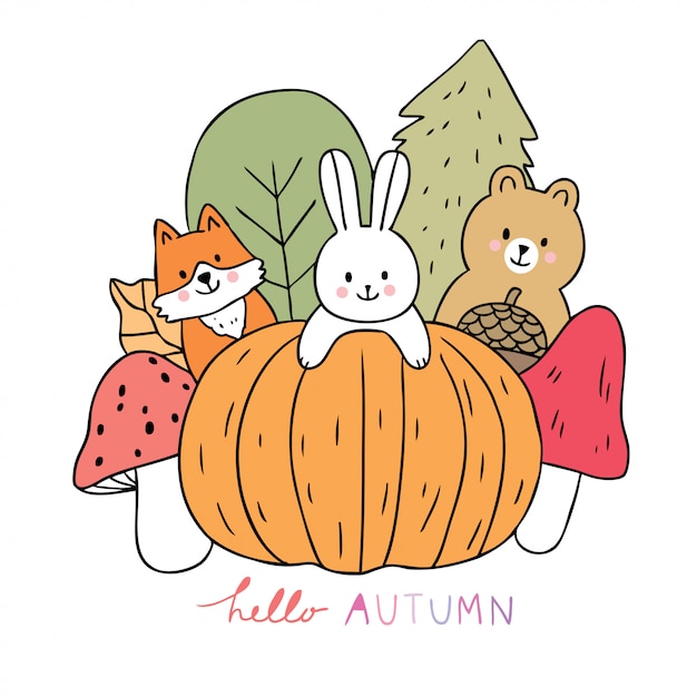 Cartoon cute Animals Autumn and pumpkin and mushroom vector.