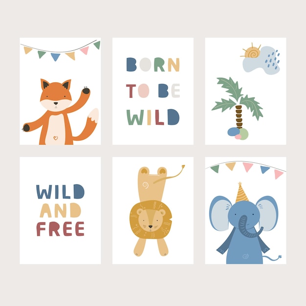 Коллекции детских карточек с милыми животными векторная иллюстрация слон, лев и лиса