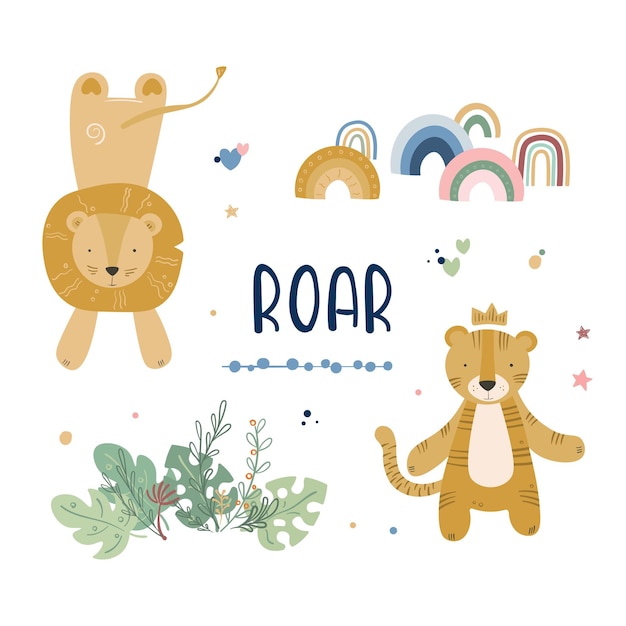 ベクトル 赤ちゃんカードの漫画かわいい動物ベクトルイラストライオンと虎