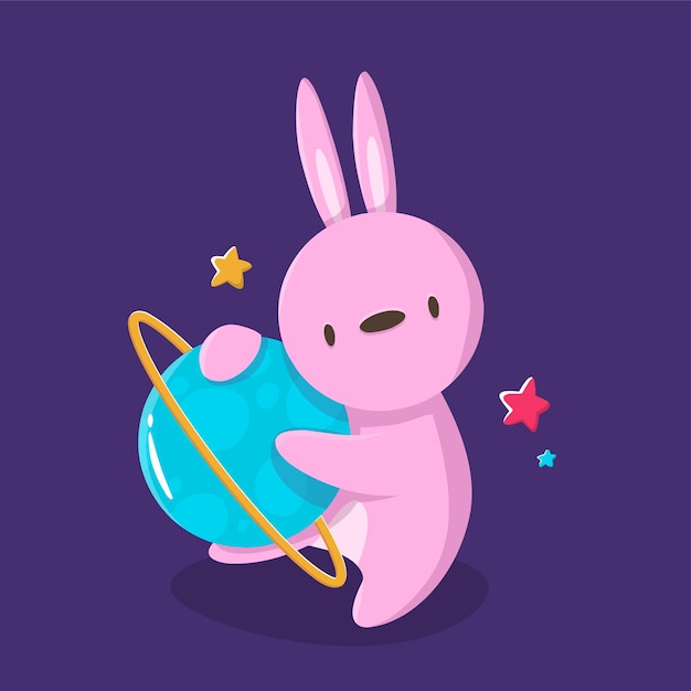 Cartoon cute animals rabbit with planet in space cosmos