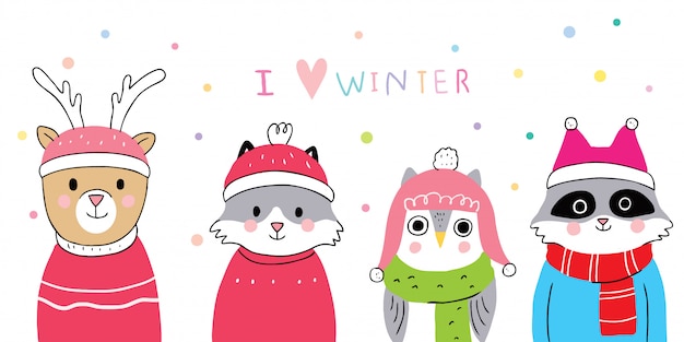 Cartoon cute animals winter