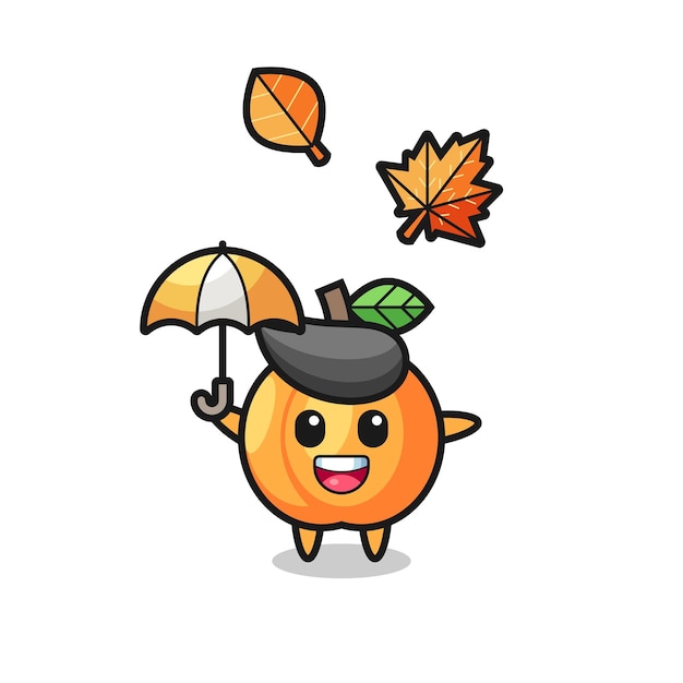 Cartoon of the cute apricot holding an umbrella in autumn