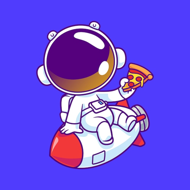 Cartoon cute astronaut eating slice of pizza on space