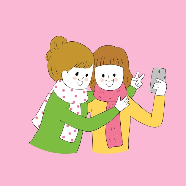 Cartoon cute autumn best friends selfie together vector.