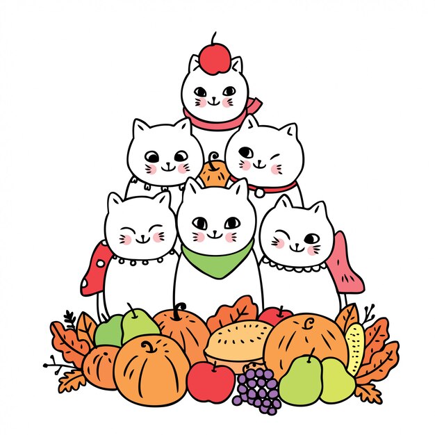 漫画かわいい秋、猫と果物のベクトル。