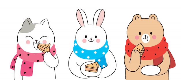 Vector cartoon cute autumn, cat and rabbit and bear eating pie vector.