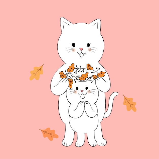 Vector cartoon cute autumn cats and flowers crown vector.