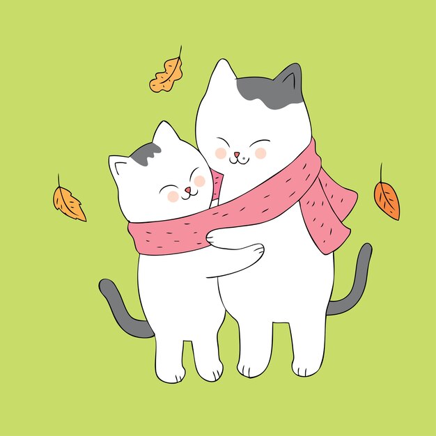 Cartoon cute Autumn cats hugging vector.