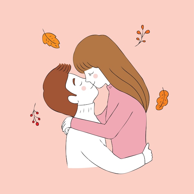 Cartoon cute Autumn couple kissing vector.